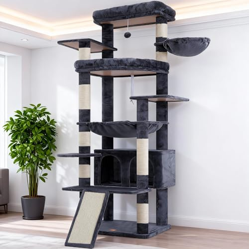 Heybly Arbre à Chat XXL de 202 cm avec Plateformes Surdimensionnées, Cabane, Panier et Poteau en Sisal à Gratter, pour Grands Chats, Aménagement Multi-Niveaux, Gris Fumé HCT038G