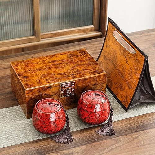 Set de Té Premium Caja de Madera Lujo con Recipientes Cerámica Artesanal – Almacenamiento Té Matcha Verde Chai Infusiones Hierbas Especias – Caja Regalo Elegante Decorativa Exclusiva (Rubí Imperial)