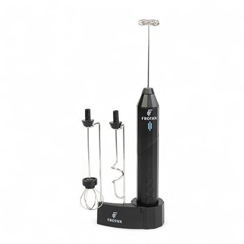 FROTHX Electric Milk Frother with Stand, Rechargeable Handheld Coffee Frother with 3 Variable speeds, Foldable Handle, 3 Detachable Stainless Steel Whisks for Latte, Frappe, Matcha, Cappuccino
