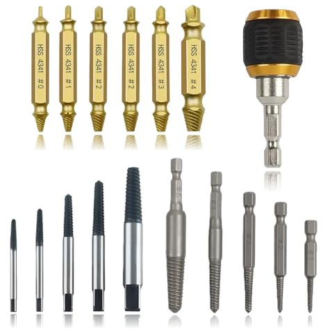 Schraubenausdreher Set, 17-teilig aus HSS 4341, Linksausdreher Set, Schrauben Entferner, Spiral Screw Extractor, Ausdreher für beschädigte & festsitzende Schrauben, Linksbohrer, mit Aufbewahrungsbox