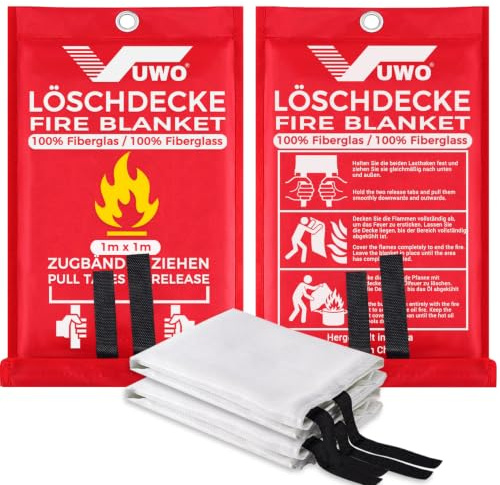 vuwo Löschdecke für küche - Notstand Feuerlöschdecke 2 Packung DIN EN 1869:2019 Glasfaser Sicherheit Brandschutzdecke für Auto Kamin Fettbrände Büro Garage Schule Grill Schweißen (1m x 1m)