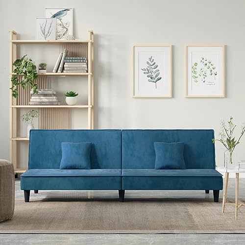 GeenYuu Schlafsofa Blau Samt, Verstellbare Rückenlehne, 200x89x70cm, Robustes Sperrholzgestell, Inklusive 2 Kissen, für Gästezimmer, Wohnzimmer, Schlafzimmer, Bequeme Bettcouch