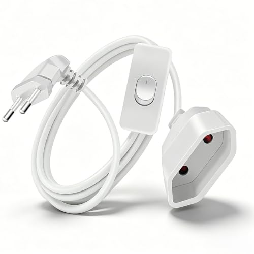 AmiCera Verlängerungskabel Flach mit Schalter, Stromkabel Verlängerung 2m | 2,5A 250V Eurostecker, Verlängerungskabel mit Flachstecker 90 Grad, Typ-C Euro Buchse Kabel für PC Computer Monitor TV, Weiß
