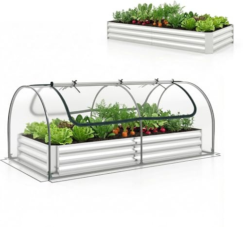 GOPLUS Mini Invernadero de Jardín, Jardinera Elevada Arqueada con Cubierta Desmontable de PVC, Cama de Cultivo Huerto Exterior con Base Abierta, Puerta Enrollable para Verduras Frutas Hierbas Flores