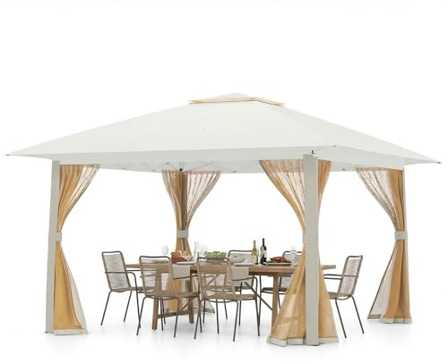 COSTWAY Tonnelle de Jardin Pop-Up 4 x 4 M, Tente de Reception Pliable avec Moustiquaire et Toit Double Sac de Transport, Abri Solaire Facile à Installer pour Terrasse Pelouse (Beige)