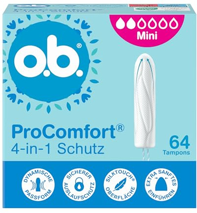 o.b. ProComfort mini 4-in-1 Schutz Tampons, 1 x 64 Stk | Tampon mit extra sanfter Spitze für einfaches Einführen und bis zu 100% Auslaufschutz, ideal für Sport und Alltag