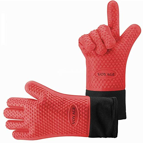 Voyage Premium Ofenhandschuhe (2er Set) bis zu 350°C - Silikon Extrem Hitzebeständige Grillhandschuhe BBQ Handschuhe zum Backen, Barbecue, Extra Lange Topfhandschuhe für Extreme Sicherheit (Rot)