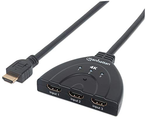 Manhattan 207874 4K 3-Port HDMI-Switch 4K 60Hz Stromversorgung über USB integriertes Kabel Schwarz