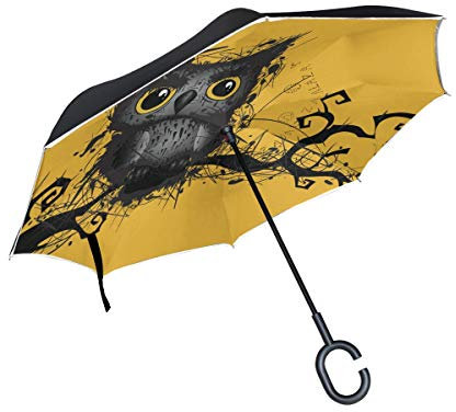 ISAOA Doppelschichtiger umgekehrter faltbarer Regenschirm, selbststehender und umgekehrter Autoschirm, rauer Grungy Eule, winddichter Regenschirm, mit UV-Schutz