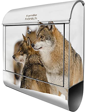 banjado® Design Briefkasten personalisiert Wölfe 38,5x46,5x13cm & 2 Schlüssel - Briefkasten Stahl Silber Zeitungsfach pulverbeschichtet - Postkasten A4 Einwurf inkl. Montagematerial