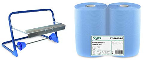 2 x blaue saugstarke Papierrolle mit Wandhalterung, 1000 Blatt, 37x36 cm | 2-lagige perforierte Papiertücher | für Industrie, Werkstatt und Restaurant | Durchmesser 25 cm