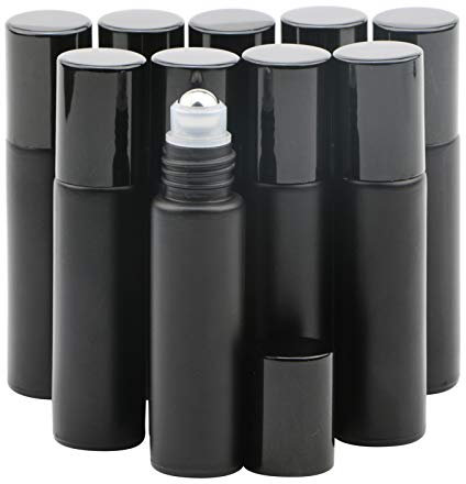 Rowiz 10PCS 10ml Black Frosted Glass Bottle Leakproof Glass Bottle Essential Oil Roller Bottles Set With Stainless Steel Balls And Anodized Aluminum Screwcap For Perfume & Aromatherapy Oils