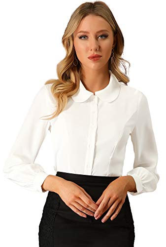 Allegra K Women's Button Up Shirt Business Casual Career Peter Pan Collar Long Bishop Sleeve Blouse, Cream White, L