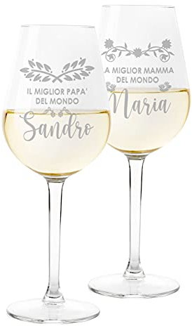 Colorfamily Coppia Calici Personalizzati Set da 2 calici Vino Personalizzati con Nome Mamma papà Migliore al Mondo - Bicchiere in Vetro 500 ml