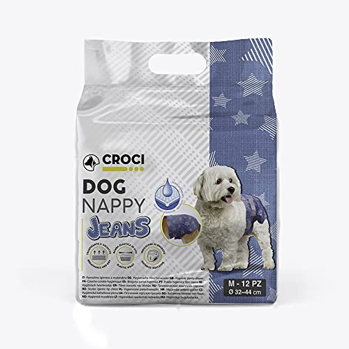 Croci Dog Nappy Jeans - Absorbierende Windel für Hündinnen, Größe M, Ø 32-44 cm, Kalt- und PIPI-Hygienewindel, geruchshemmend, Einweg, Verstellbarer Klebeverschluss, 12 Stück