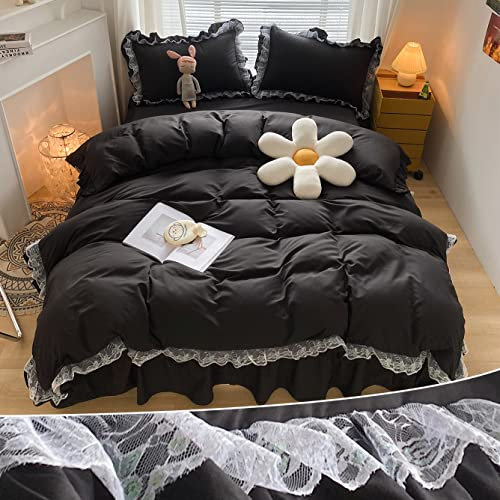 MOOWOO Schickes Bettwäsche-Set mit Rüschenspitze, Polyester, 3-teilig, Queensize-Bettbezug mit Reißverschluss, ultraweich und leicht (Schwarz, Queen-Size-Bett), Keine Bettdecke im Lieferumfang
