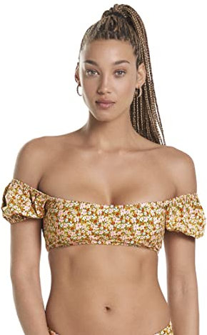 Maaji Women's Cheery Blossom Kauai Puff Sleeve Crop Top Without Soft Cups Bikini, Yellow, Small