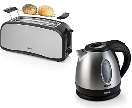 Design Edelstahl Frühstücksset - 1,2 Liter Wasserkocher 1500W & 4er Toaster 2 lange Schlitze 1400 Watt