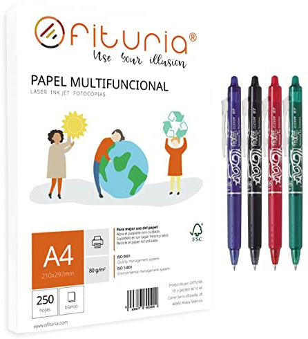 A4-Packung, 80 g, 250 Blatt, weiß, Multifunktionspapier für Schule und Laboral, mit 4 Pilot Frixion Clicker, löschbar (blau, schwarz, rot und grün)…