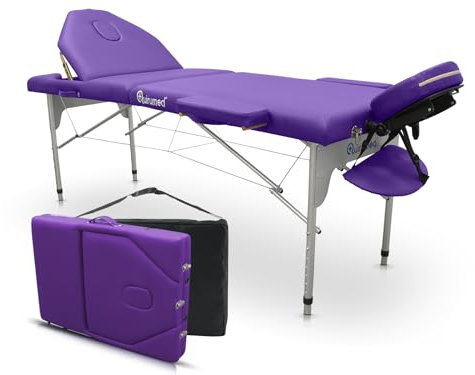 QUIRUMED Table de Massage Pliable en Aluminium Pro 186 x 66 cm avec Dossier Rabattable, Couleur Violet, Simili Cuir, Trou du Visage, tête Amovible, réglable en Hauteur, 2 Corps, jusqu'à 150 kg