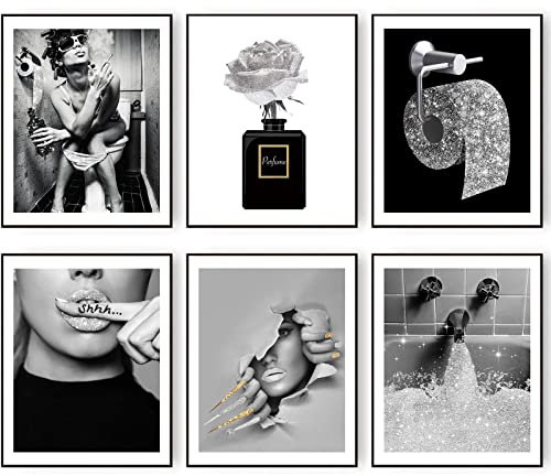 HoozGee Modische Wandkunst, Badezimmer-Wanddekor-Drucke, Set mit 6 schwarz-weiß-grauen Glitzer-Poster auf Leinwand, Bilder, Fotos, Badezimmer, Kunstwerk, Wand, modern, lustig, für das Badezimmer (27,9