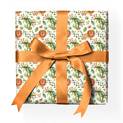 Fröhliches Kinder Dschungel Geschenkpapier Set Hochwertiges 70s Dekor-Muster-Papier mit Löwe Palmen zum verpacken, Geschenk einpacken, scrapbooking, basteln weiß Format: 32 x 48cm, 4 Bogen