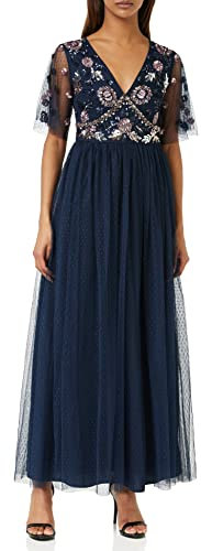 Maya Deluxe Womens Maxi Dress Ladies Embellished Spot Mesh A-Line V-Neck Dress for Wedding Guest Bridesmaid Prom Ball Occasion Navy Size 20