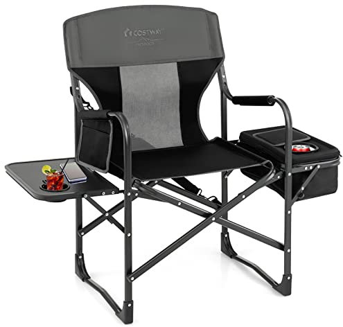 COSTWAY Campingstuhl mit Seitentisch, Kühltasche & Aufbewahrungstasche, klappbarer Angelstuhl, 180 kg Tragfähigkeit, Regiestuhl tragbar, Faltstuhl Klappstuhl für Camping, Angeln, Picknick (Schwarz)