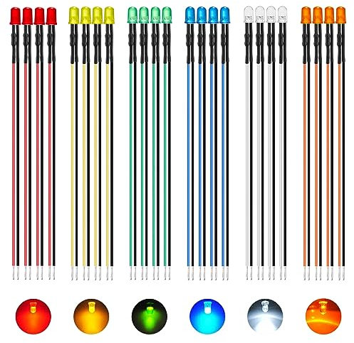 AUKENIEN 60 Stück 5MM 12V Vorverdrahtete LED Leuchtdioden Sortiment Kit 12 Volt Rundkopf Diffus LED Dioden Diodes Licht Leuchtdiode Set 6 Farben Weiß Rot Gelb Grün Blau Orange (10 Stück Jede Farbe)