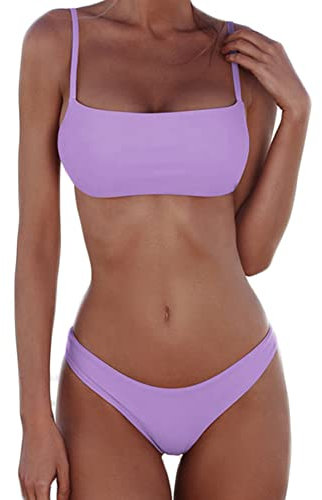 meioro Bikini Sexy per Donne Costumi da Bagno 2 Pezzi a Vita Bassa Swimwear a Tinta Unita Costume da Bagno a Gamba Alta Beachwear(S,Viola Chiaro)