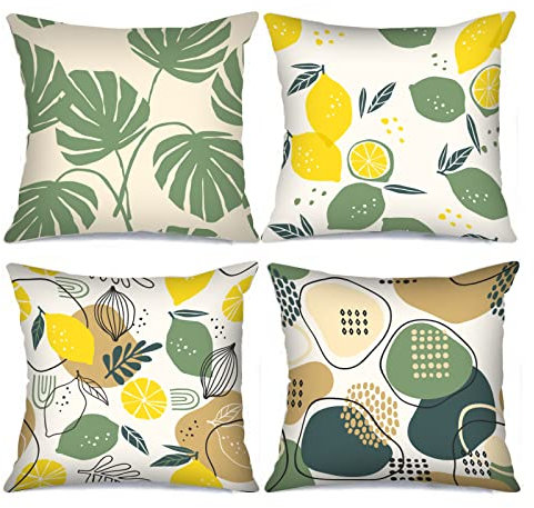 Tucocoo Zitronen-Dekorative Kissenbezüge, 45,7x45,7cm, 4 Stück, Blätter und geometrischer Kissenbezug, abstrakt, Vintage-Mode, Kissenbezüge modern quadratisch Leinen Kissenbezüge für Sofa Couch Bett