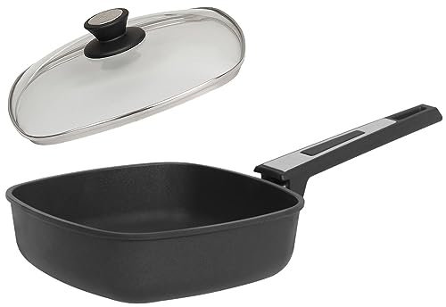 SKK kleine 2-tlg. Viereckpfanne 24x24 cm - ohne Induktion - beschichtete Guss Hochrandpfanne & Glasdeckel mit Edelstahlrand - Made in Germany