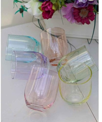 Home Arredo Casa Set da 6 Bicchieri Retró in Vetro Colori Pastello