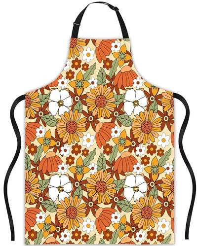 JASAKOO 70er Jahre Vintage Sonnenblume Blume Schürze, Latzschürze mit verstellbarem Hals, wasserdicht für Damen und Herren, Kochen Kellnerin, Koch, Bistro, Backen, Grillen, Friseur, Schuster, Schürze,