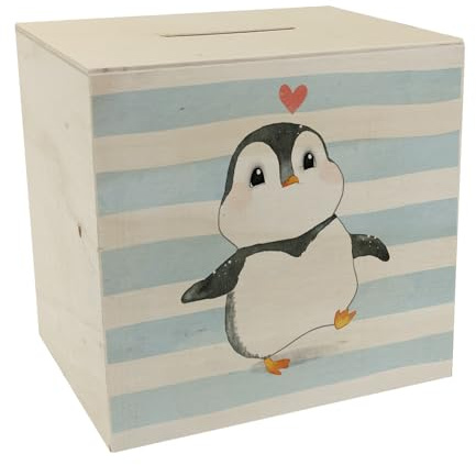 Pinguin im Aquarell-Stil Spardose aus Holz EIN buntes Sparschwein für den Schreibtisch Spardose aus Holz niedliche Frauen Geburtstag Vogel Sparbüchse mit Herz Motiv