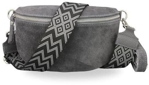 BRISE Bauchtasche Damen Echtes Wildleder SAHEL Handgemachte Umhängetasche Crossbody Bag Hüfttasche mit Ledergurt + Optionalen Breiten Gemusterten Riemen Gürteltasche Made in Italy (Dunkelgrau 2)