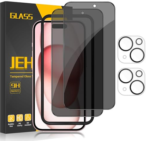 JEHOO 2 Stück für iPhone 15 Plus Sichtschutz Full Screen und 2 Stück Kameraschutz, 9H Härte Privacy Panzer Schutz Glas Folie, Kratzfest, Anti-Spy Schutzfolie mit Installationswerkzeug (6,7 Zoll)