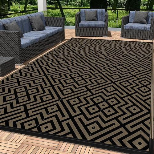 KMNKSCN Outdoor Rug 6x9ft Waterproof for Patios Clearance, Reversible Plastic Straw Camping Rug, Indoor Outdoor Carpet, Large Area Mat for RV, Balcony, Backyard, Deck, Picnic, Brown & Black