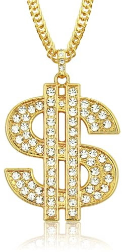 Neyeau Gold Dollar Sign Necklace Pendant with Rhinestones - Rapper Chain Costume for Men, Women, Party Accessories