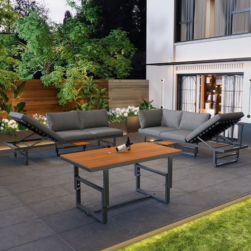 Merax Gartenmöbel Set 6-Personen, Gartenlounge Sitzgruppe Outdoor mit Tisch & Kissen, Liegestuhl mit verstellbare Rückenlehne, Metallrahmen, Akazienholz, für Garten Balkon und Terrasse, Dunkelgrau