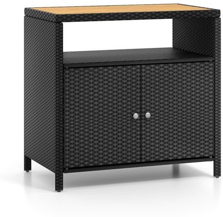 COSTWAY Gartenschrank Rattan, Terrassenschrank mit Akazienholz-Arbeitsplatte, offenem Fach und Doppeltür, Outdoor Aufbewahrungsschrank für Garten, Terrasse, 90 x 53 x 86 cm (Schwarz)