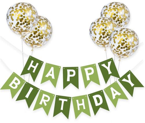 Meowoo Banner Happy Birthday Girlande mit 5 Goldenen Latexballons, Geburtstag Deko Zubehör Party Dekoration Banner und Ballon Set Geeignet für alle Altersgruppen (Dunkel- und Hellgrün)