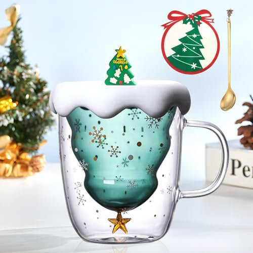 Purpledi Tasse de Noël Verres à Double, Tasses à Café D'arbre de Noël Tasse à Café de Noël,Tasse de Café Double Paroi Coupe en Verre Sapin de Noël avec Poignée Parfait pour Latté,Tasse Verre Noel