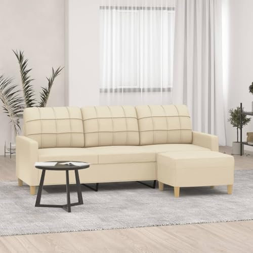 Willood 3-Sitzer-Sofa mit Hocker Creme 180 cm Stoff Sofa mit Armlehnen und weichen Kissen, geeignet für Wohnzimmer, Holzbeinen