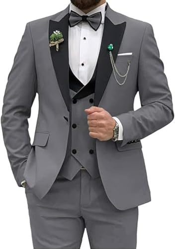 Men Slim Fit Suit 3 Piece Wedding Party Prom Suits One Button Jacket Vest and Pants Grey