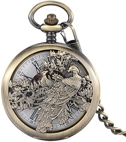 JFNHUTL Hohler Phoenix-Design, manuelle mechanische Taschenuhr aus Bronze, weibliche Ziffern, weißes Zifferblatt, tragbare Kettenanhängeruhr, Geschenke für Männer