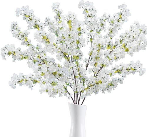 HUAESIN 6PCS Fleur De Cerisier Artificielle 82cm Fleurs Artificielles Cerisier Blanc Fleur Cerisier Artificielle Sakura Bouquet de Fleur en Soie Fausse Fleur Decoration Artificielle Blanche