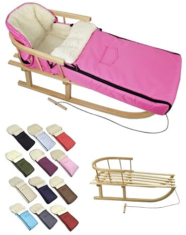 BambiniWelt Holzschlitten mit Rückenlehne & Zugseil + Winterfußsack 108 cm – warme Lammwolle, wasserabweisend – Kombi-Set für Kinderwagen & Buggy, Farbe: pink