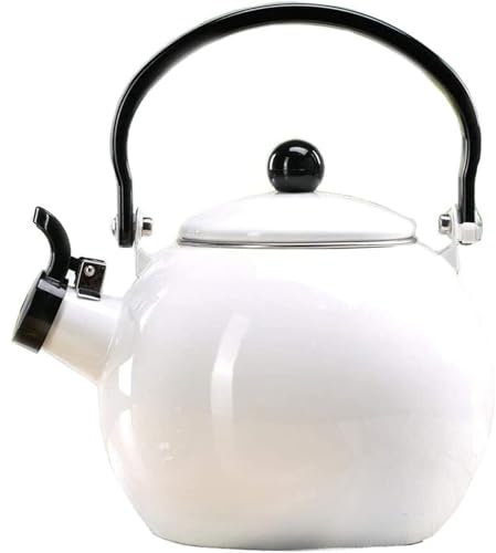 Retro Enamel Tea Kettle for Stove Top - 2L Whistling Teapot in Red/White for Home, Dorm, Camping & Coffee Makers(White)