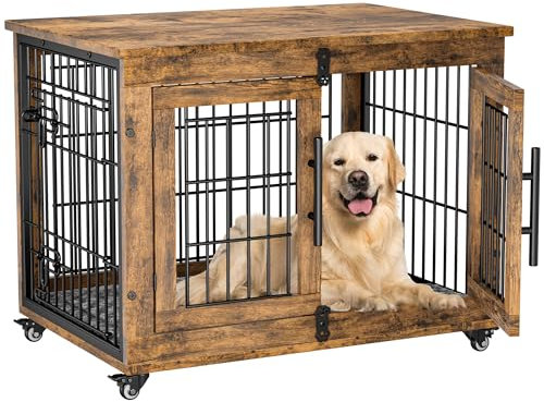 Buluri Dog Crate Furniture, Double Doors Wooden Dog Cage with Cushion & Wheels, Dog Kennel Indoor End Table for Small and Medium Dogs (Brown, 82.5cm L x 56.1cm W x 64cm H)